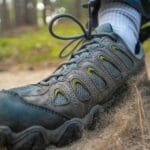 Zbliżenie buta trekkingowego wzbijającego piasek na leśnym szlaku